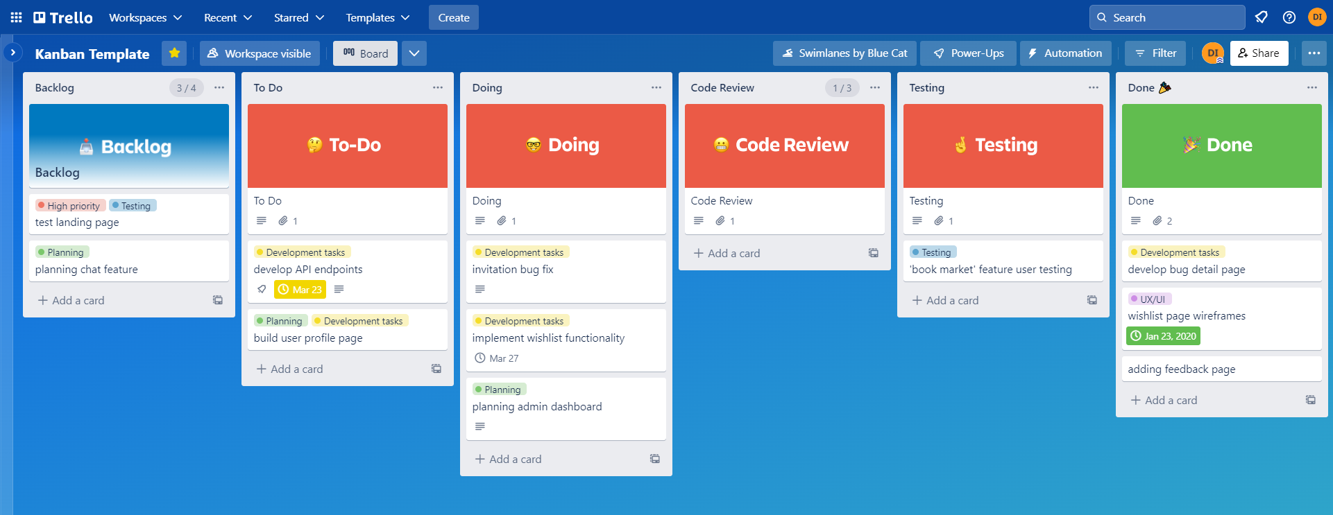 An example Kanban board created with Trello